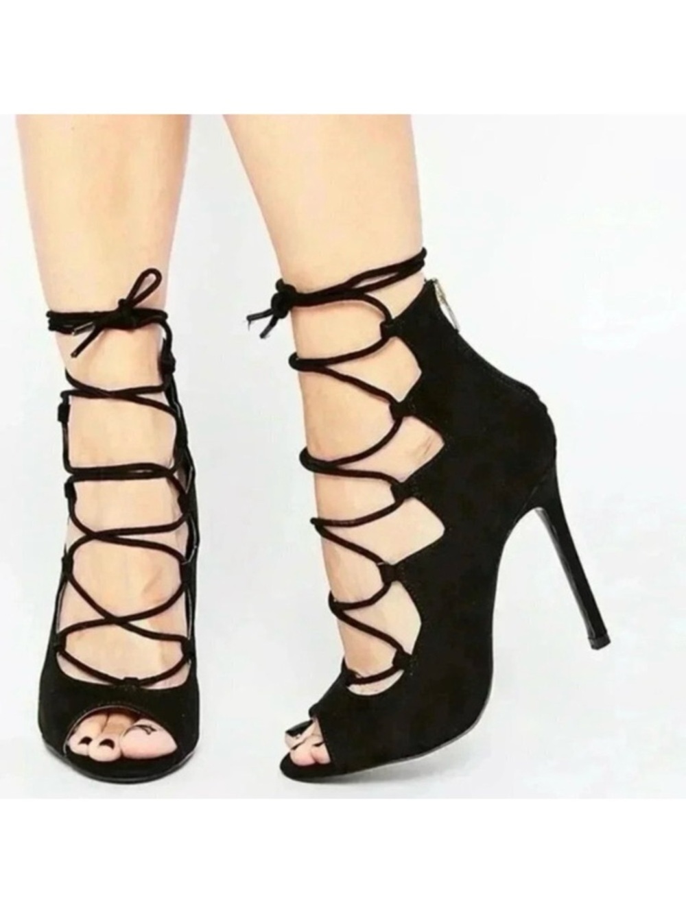 Aldo Sergioa Lace Up Stiletto Heels Peep Toe Black Micro Suede Size 7.5